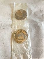 Two medals in plastic sleeve on surface