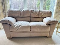 Front view of beige/tan leather loveseat showing overall design and condition