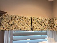 Front view of both valances installed across window, showing floral tapestry pattern and straight cornice edge