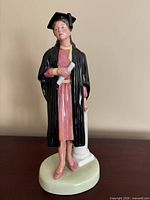 Front view female graduate figurine, gown, diploma, column, base