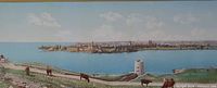 close view of coloured print showing Kingston harbour and foreground cattle