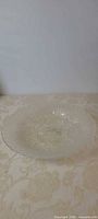 Angled view of the clear textured glass bird bath bowl