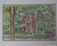 Close-up of painting showing Victorian house details and foliage