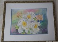 Full view of framed watercolour showing mat and decorative frame