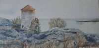 Close-up of the watercolour showing tower, landscape detail