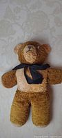 Front view of brown plush teddy bear with ribbon