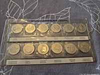Front view of 12 coins in plastic sleeve showing reverse designs and printed labels