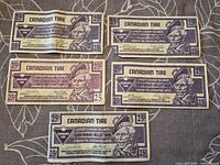 Fronts of five 25¢ Canadian Tire coupons showing portrait, denomination, wear