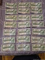 Front view of 21 5¢ Canadian Tire notes laid out