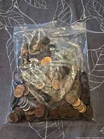 Front view of bag filled with assorted Lincoln Memorial pennies