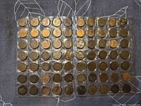 Front view of two clear album pages containing Canadian 1-cent coins