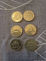 Front designs: two Canadian Victory nickels, two Beaver nickels 1977 & 1981, one Beaver nickel date obscured, Jamaican $1 National Heroes
