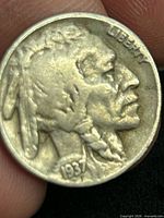 Obverse view of 1937 Buffalo nickel close-up