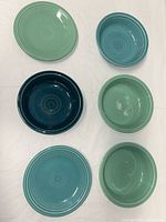 Overhead view of six Fiesta dishes showing colors and styles
