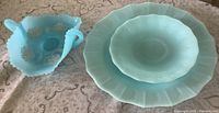 Pyrex plate, saucer and Fenton candy dish grouped