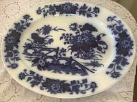 Full view of oval blue transferware platter