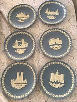 Group shot of all six blue Wedgwood Christmas plates
