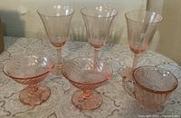 Full set of six pink Depression glass pieces