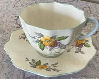 Teacup on saucer showing floral design, pale green rims, blue handle