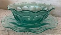 Side view of aqua pressed glass bowl on plate showing scalloped edges and molded pattern