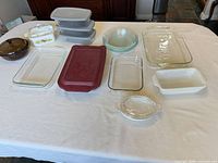 Overall view of all glass bakeware pieces laid out
