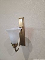 Single sconce mounted on wall showing brass backplate, arm, and frosted shade