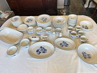 Full spread of dinnerware set on table, shows quantity and included forms