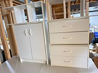 Front view showing double-door cabinet at left, three-drawer section at right, and open cubbies on top