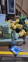 Yellow silk bouquet, green Oasis foam blocks, stem wires, floral tape