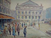 Central portion of painting showing figures and building