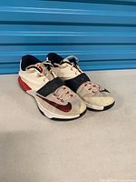 Oblique view of both shoes showing uppers, strap, laces, colorway