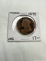 Obverse of 1895 one penny coin in cardboard 2x2 holder