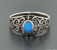 Front view of ring showing blue stone and filigree