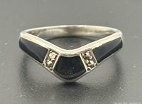 Front view of V-shaped sterling silver ring showing black onyx inlay and marcasite panels