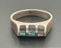 Front view of sterling silver ring showing three abalone shell inlays