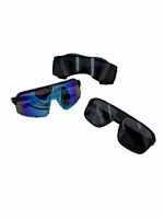 Front view three pairs sunglasses showing lens colors and frame styles