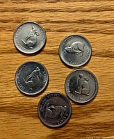 Five 1967 Canadian 5-cent coins, rabbit design visible