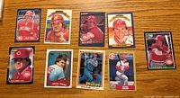Front view of nine Pete Rose cards arranged on table