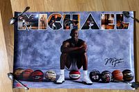 Front view of entire Michael Jordan poster with basketballs and branding visible