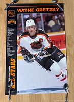 Full view of poster showing Gretzky image, side roster text, and visible pinning clamps