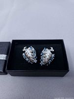 Front view of both earrings inside gift box
