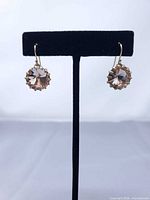 Front view of both earrings on stand displaying crystal stones and gold-tone settings