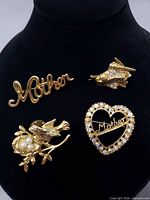 Front view of all four brooches on display bust