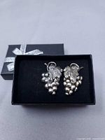 pair of silver-tone grape earrings in box