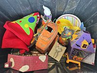 Top view of bin showing assorted holiday décor items