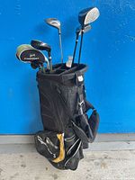 Full view of black stand bag with clubs inside