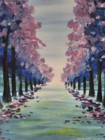 Full view of acrylic painting showing pathway with cherry blossom trees