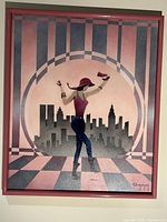 Full view of framed Art Deco oil painting on wall