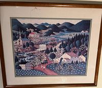 Full view of framed print showing artwork, mat and wooden frame