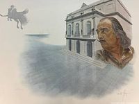 Full view of lithograph showing Dali portrait, building and rider